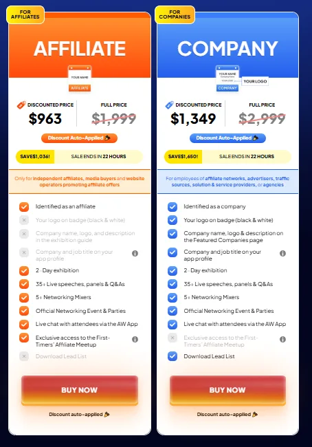 Affiliate World Asia checkout showing Affiliate at $963 and Company at $1,349 with the discount automatically applied