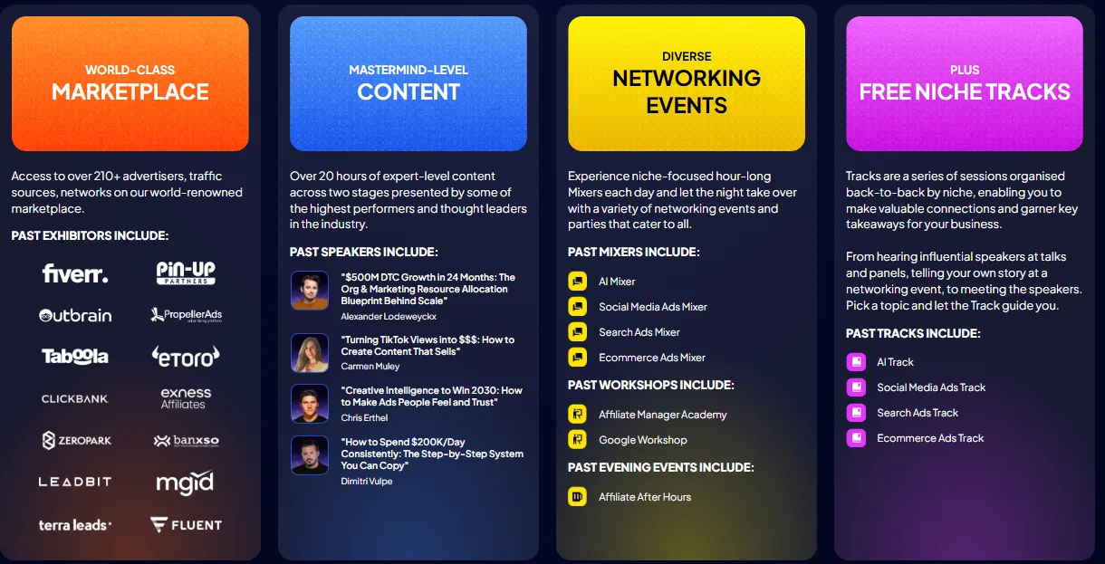 Affiliate World Asia breakdown: marketplace, content, networking events and niche tracks, with past exhibitors, speakers, mixers and tracks listed