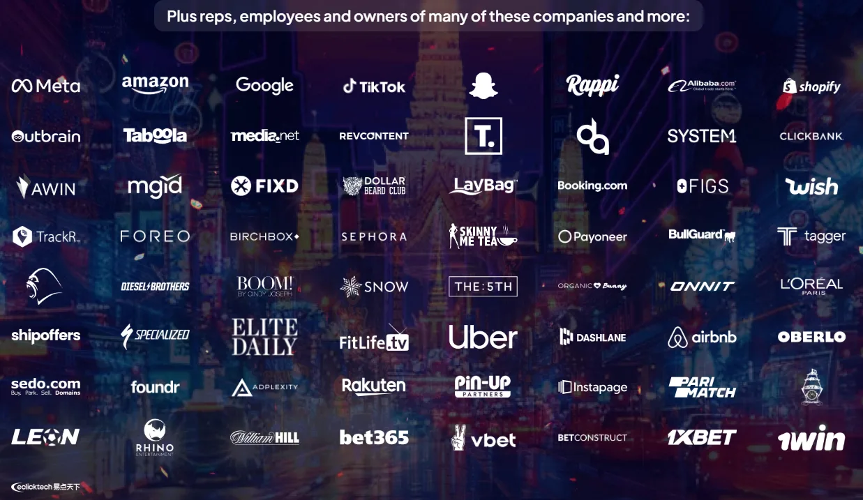 Logos of companies whose representatives attend Affiliate World Asia, including Meta, Google, TikTok, Amazon, Uber and Airbnb